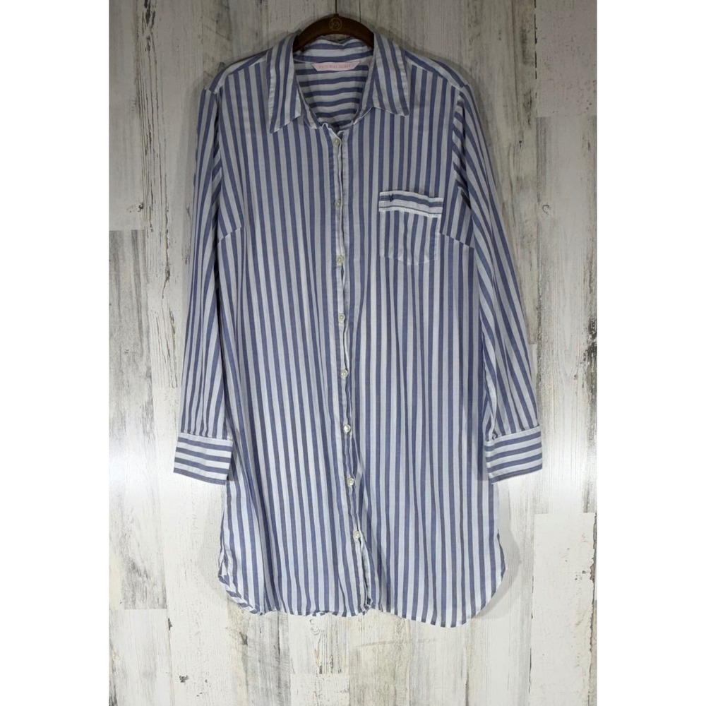Victorias Secret Sleep Shirt Size Large Blue White Striped Cotton Button Up